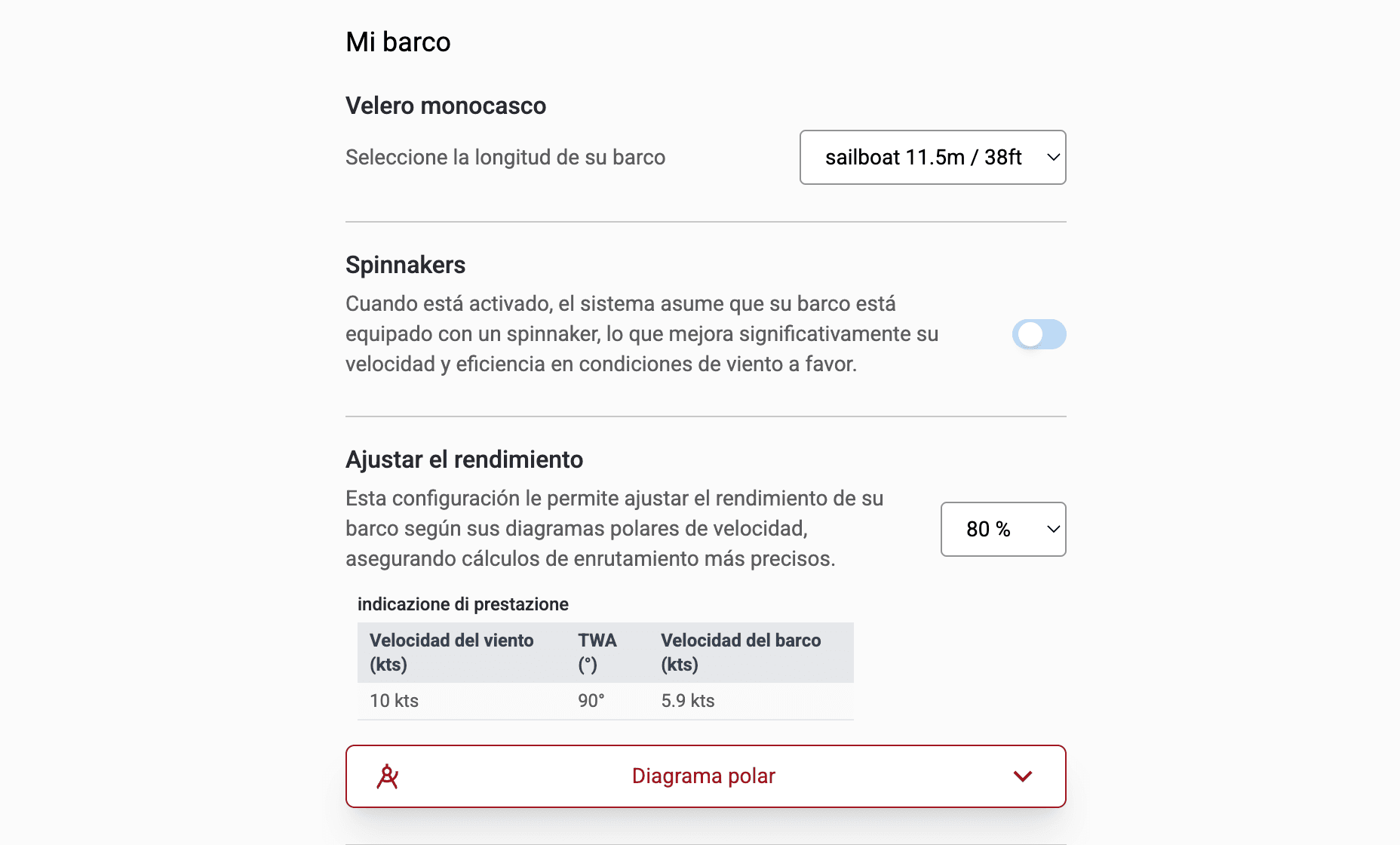 Ajuste de rendimiento del velero en Sailrouting