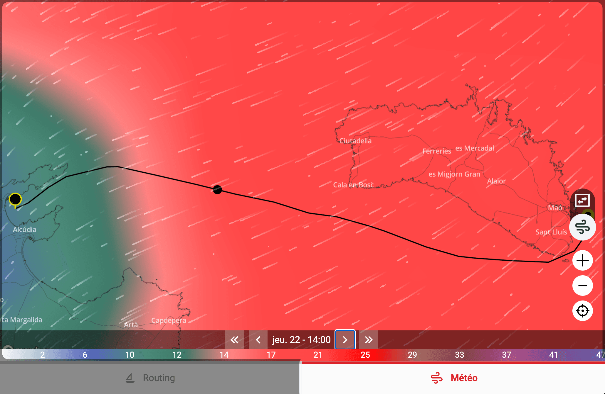Sovrapposizione delle previsioni meteorologiche sulla rotta